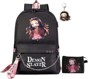 xixisa 17 inch nezuko backpack & purse, anime nezuko laptop backpack with usb charging port, nezuko bag for school (black)