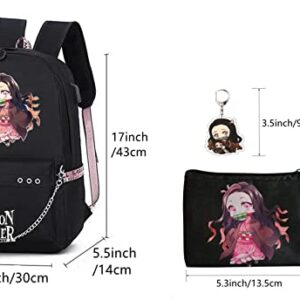 XIXISA 17 INCH Nezuko Backpack & Purse, Anime Nezuko Laptop Backpack with USB Charging Port, Nezuko Bag for School (Black)