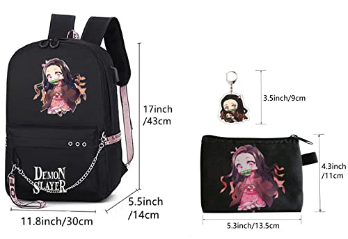 XIXISA 17 INCH Nezuko Backpack & Purse, Anime Nezuko Laptop Backpack with USB Charging Port, Nezuko Bag for School (Black)