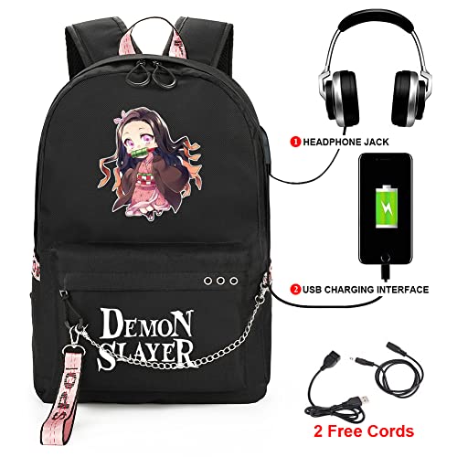 XIXISA 17 INCH Nezuko Backpack & Purse, Anime Nezuko Laptop Backpack with USB Charging Port, Nezuko Bag for School (Black)