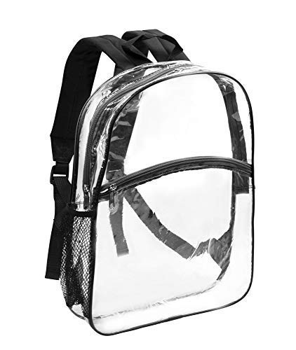 Vinyl Security Clear Bag Stadium Approved Backpack Bookbag with Black Trim Adjustable Straps & Mesh Side