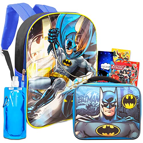 Fast Forward Batman Backpack with Lunch Box Set - Bundle with 15" Batman Backpack, Batman Lunch Bag, Water Bottle, Stickers, More | Batman Backpack for Boys