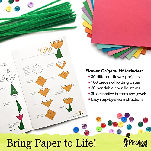 Kids Origami Paper Kit: Girls Multi Color Foldable Paper Sheets For Flowers With Decorative Charms & Accessories - Craft Supplies Set With Instruction Book - Beginner, Intermediate & Advanced