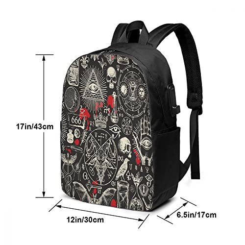 Nicokee Laptop Backpack Carry On Backpack Durable Large Leisure Bag Occult Skull Rune Demon Blood Bat Crow Eye Multifunctional Backpack With Usb Port 17 Inch For Man/Woman