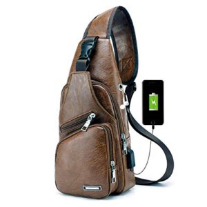 phabuls men’s faux leather mens sling bag for men with usb charging port for travel, hiking,cycling (brown-pu)