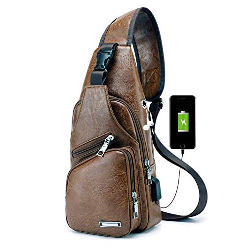 PHABULS Men's Faux Leather mens sling bag for men with USB Charging Port for Travel, Hiking,Cycling (Brown-pu)