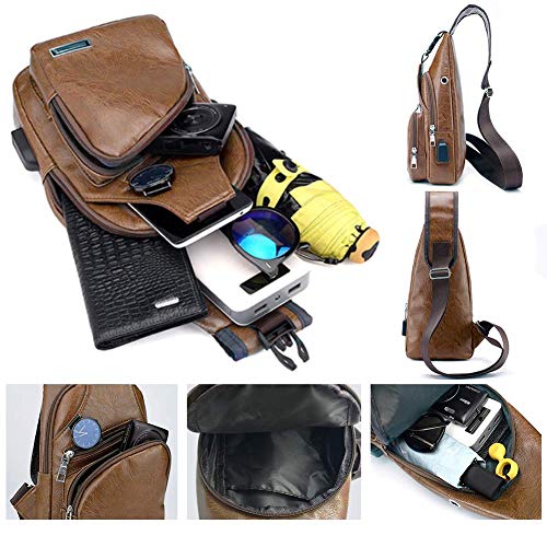 PHABULS Men's Faux Leather mens sling bag for men with USB Charging Port for Travel, Hiking,Cycling (Brown-pu)