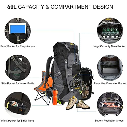 NACATIN Hiking Backpack, 60L Lightweight Large Rucksack for Men Women, Tear and Water-resistant Ideal for Climbing Mountaineering Fishing Travel Cycling