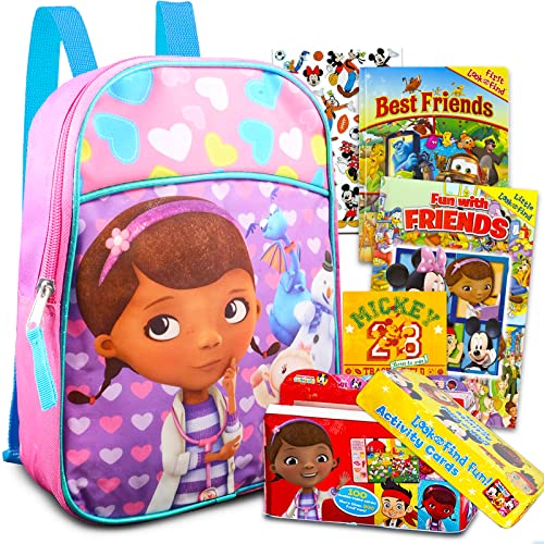 Doc McStuffins Mini Backpack - Bundle with 11 Inch Doc McStuffins Backpack, Disney Look and Find Activity Cards Tin Lunch Box with 2 Disney Hidden Pictures Board Booklets