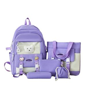 4pcs kawaii canvas school backpack with pendant, aesthetic laptop shoulders ita bag, school supplies stationary for back to school (purple)