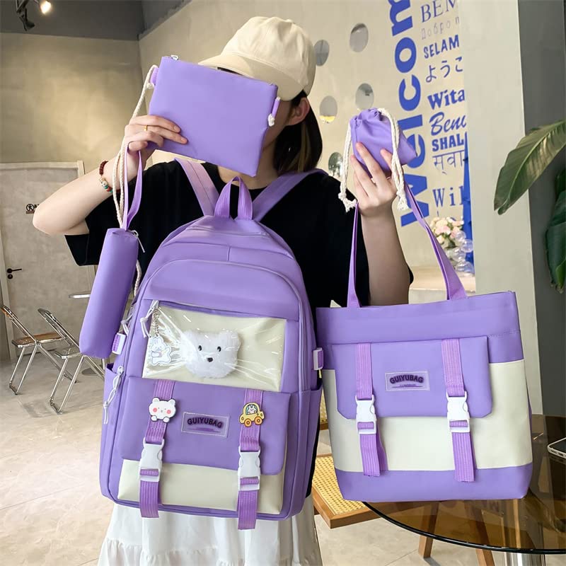 4Pcs Kawaii Canvas School Backpack with Pendant, Aesthetic Laptop Shoulders Ita Bag, School Supplies Stationary for Back to School (Purple)