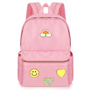 pink lightweight backpack preppy patches nylon backpack rainbow heart smile waterproof travel bag pack for girls and students back to school