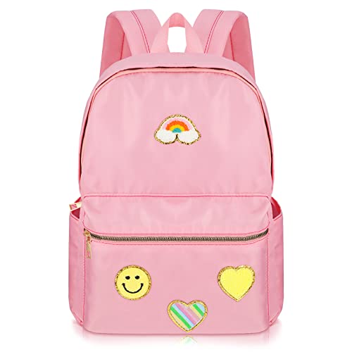 Pink Lightweight Backpack Preppy Patches Nylon Backpack Rainbow Heart Smile Waterproof Travel Bag Pack for Girls and Students Back to School