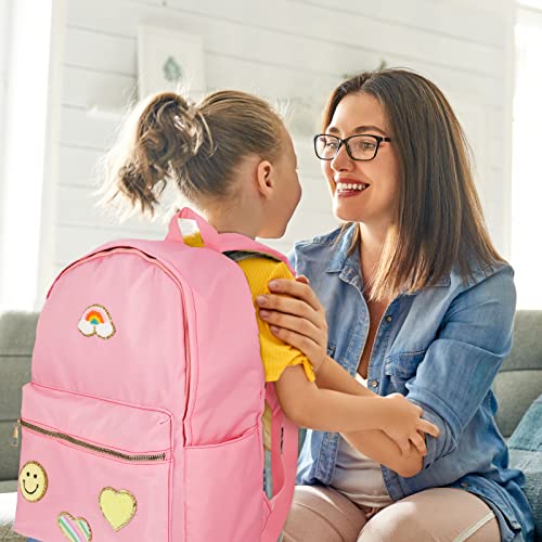 Pink Lightweight Backpack Preppy Patches Nylon Backpack Rainbow Heart Smile Waterproof Travel Bag Pack for Girls and Students Back to School