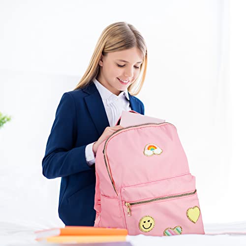 Pink Lightweight Backpack Preppy Patches Nylon Backpack Rainbow Heart Smile Waterproof Travel Bag Pack for Girls and Students Back to School