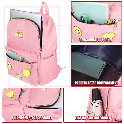 Pink Lightweight Backpack Preppy Patches Nylon Backpack Rainbow Heart Smile Waterproof Travel Bag Pack for Girls and Students Back to School