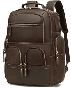 taertii vintage genuine leather backpack for men, 16” macbook travel hiking school bag daypack 30l – brown