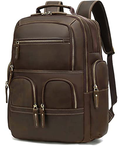 Taertii Vintage Genuine Leather Backpack for Men, 16'' Macbook Travel Hiking School Bag Daypack 30L - Brown