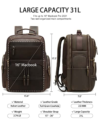 Taertii Vintage Genuine Leather Backpack for Men, 16'' Macbook Travel Hiking School Bag Daypack 30L - Brown