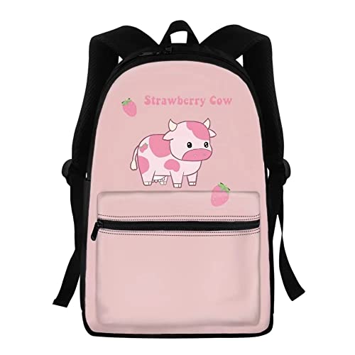 ZFRXIGN Strawberry Cow Backpack for Girls Teens Rucksack Large-Capacity School Bags Laptop Portable Knapsack Casual Daypack Pink Purse Travel Office Shoulder Bag