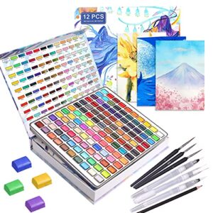 120 premium watercolor paint set in portable box with gift wrap,watercolor set with palette including 12 fluorescent colors 6 macron colors and 36 metallic colors,perfect watercolor sets for artists adults