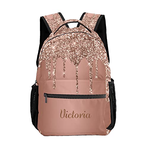 Liveweike Rose Gold Glitter Sparkle Drip Personalized Kids Backpack with Name Teen Girl Boy Primary School Travel Bag