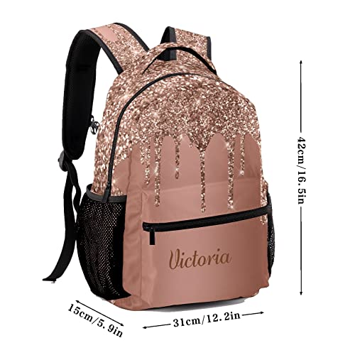 Liveweike Rose Gold Glitter Sparkle Drip Personalized Kids Backpack with Name Teen Girl Boy Primary School Travel Bag