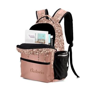 Liveweike Rose Gold Glitter Sparkle Drip Personalized Kids Backpack with Name Teen Girl Boy Primary School Travel Bag