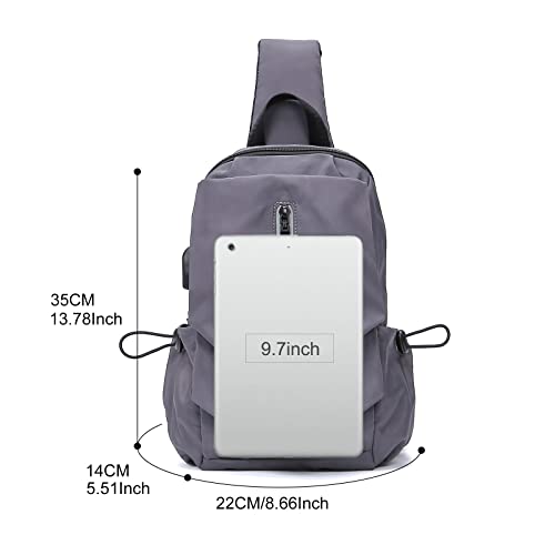 Crossbody Bag for Men Small Sling Backpack Shoulder Bag for Men Women,Waterproof Chest Bag with USB Charging Port Lightweight Casual Daypack,Hiking,Walking,Travel, Biking, Work, Gym, Sport (Grey)