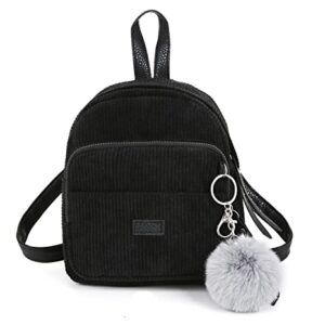 Cute Mini Backpack 3 Way Carry Light-weight Corduroy Casual Daypack Detachable Keyring Fur Pom Pom Ball for Women (black)