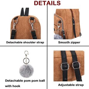 Cute Mini Backpack 3 Way Carry Light-weight Corduroy Casual Daypack Detachable Keyring Fur Pom Pom Ball for Women (black)