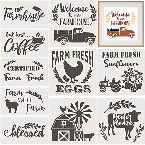 10 Pieces Farmhouse Stencils Farm Reusable Stencils Farm Theme Painting Stencils for Scrapbooking Drawing Tracing DIY Furniture Wall Floor Fabric Decors, 2 Sizes and 10 Patterns