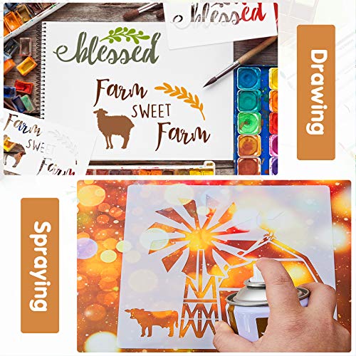 10 Pieces Farmhouse Stencils Farm Reusable Stencils Farm Theme Painting Stencils for Scrapbooking Drawing Tracing DIY Furniture Wall Floor Fabric Decors, 2 Sizes and 10 Patterns