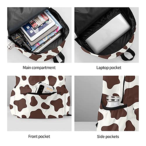 KiuLoam 17 Inch Backpack Brown And White Cow Print Laptop Backpack Shoulder Bag School Bookbag Casual Daypack