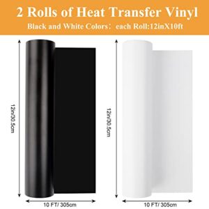 HTV Black and White Heat Transfer Vinyl Rolls, 12" x 20ft HTV Iron on Vinyl for Shirts, Black & White Vinyl for Cricut, Cameo, Heat Press Machines (2 Rolls 12 Inches x 10 Feet Each)