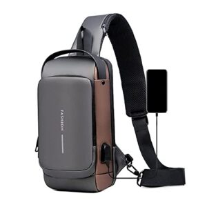 goderat usb charging sport sling anti-theft shoulder bag, fashion waterproof sport crossbody bags for men and women (grey and brown)