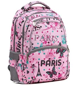 new tilami kids travel school backpack for girls,elementary school bags for primary middle waterproof laptop backpacks for kids school bags 16inch 300d high density oxford pink paris