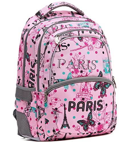 NEW TILAMI Kids Travel School Backpack for Girls,Elementary School Bags for Primary Middle Waterproof Laptop Backpacks for Kids School Bags 16inch 300D High Density Oxford Pink Paris