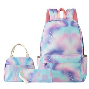 backpack for teen girls school backpack bookbag set with lunch box and pencil bag water-resistant & light weight (blue galaxy)