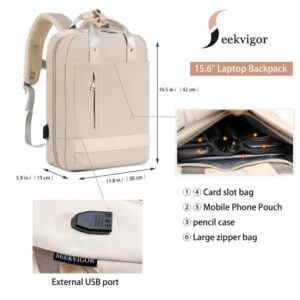 Seekvigor Travel Laptop Backpack for Women,15.6 Inch Work Backpack, 20L Smart Backpack with Laptop Compartment for Travel, Everyday, Work, or College,Beige