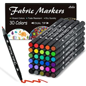 fabric markers, lelix 30 permanent colors dual tip fabric pens for writing painting on t-shirts clothes sneakers canvas pillowcases, child safe & non-toxic for kids adults