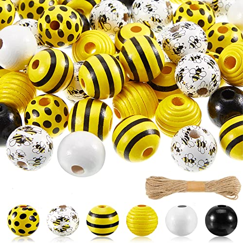 100 Pieces Wood Beads Colorful Painted Spring Loose Beads Decorative Beads Wooden Craft Beads Polished Bee Wood Beads Round Rustic Farmhouse Spacer Beads with Rope for DIY Garland Making Party Decor