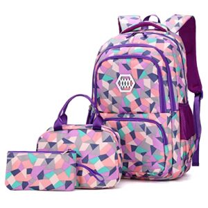 kids’ backpacks geometric printed children school bag for middle-elementary school book bags for girls-boys waterproof 3 in 1 backpack sets(purple 35l)