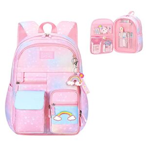 kawaii gradient color backpack for girls elementary school, kids cute rainbow book bag, women casual daypacks with pendant
