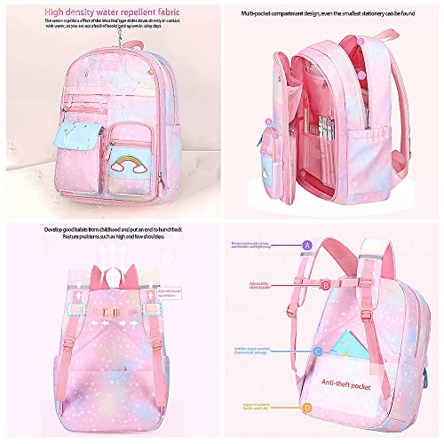 Kawaii Gradient Color Backpack for Girls Elementary School, Kids Cute Rainbow Book Bag, Women Casual Daypacks with Pendant