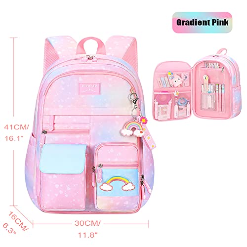 Kawaii Gradient Color Backpack for Girls Elementary School, Kids Cute Rainbow Book Bag, Women Casual Daypacks with Pendant