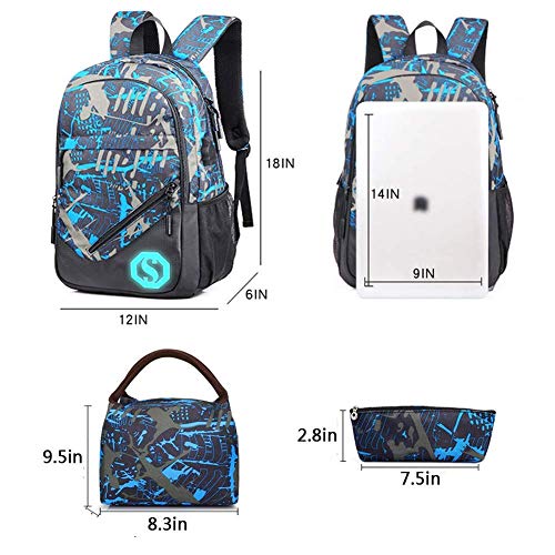 Pawsky School Backpack for Boys, 14 Inch Laptop Backpack with USB Charging Port, Anti-theft Lock, Lunch Bag & Pencil Case, Lightweight Water Resistant Bookbag Daypack