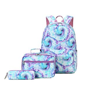 zhierna school backpack 3pcs set with lunch bag, tie dye bookbags with pen case for teen girls kindergarten elementary(green)