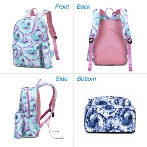 ZHIERNA School Backpack 3PCs Set With Lunch Bag, Tie Dye Bookbags with Pen Case For Teen Girls Kindergarten Elementary(Green)