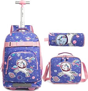 kids rolling backpack for girls, 18 inch wheeled trolley school backpack with lunch bag pencil case, 3 in 1 bookbag set school kids trolley travel trip luggage (purple)